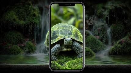 Smartphone displays a realistic turtle against blurred background of a lush waterfall scene