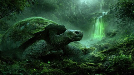 A large ancient tortoise rests amidst lush green vegetation near a small waterfall