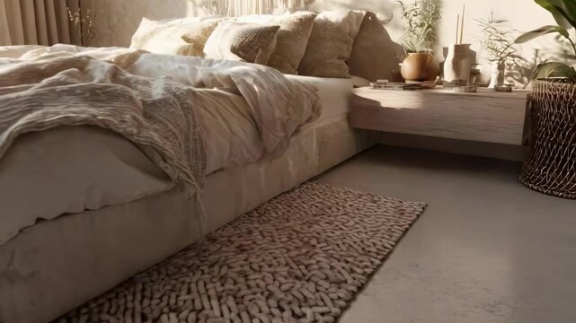 A sunlit bohemian bedroom with a large bed, cream linens, a macrame wall hanging, sheer curtains, and potted plants.