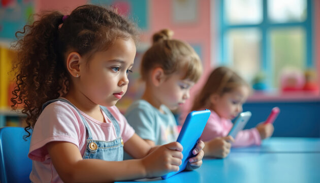 Children focus on tablets in preschool classroom learning. Young kids use mobile devices for education, developing skills. Preschoolers gain knowledge via tech interaction in class.