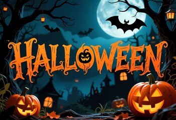 Fototapeta premium Spooky Halloween decorations fill the scene with glowing jack-o'-lanterns, ghostly bats in the sky, and dark, twisted trees creating an eerie atmosphere Generative AI