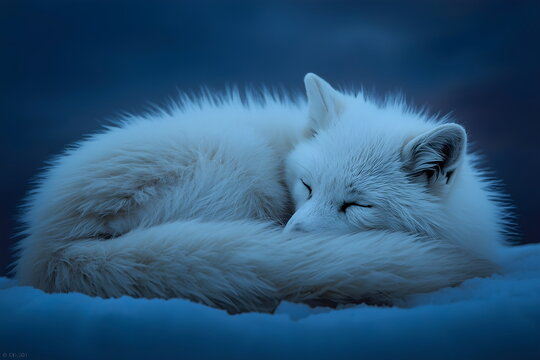 A white arctic fox sleeping curled up in the snow at night