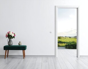 A bright white room with an open doorway revealing a vibrant landscape. A small green bench holds a floral arrangement