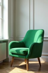 Elegant green armchair, white paneled walls, wooden legs , home, relax