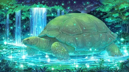 Fantasy illustration of a large glowing turtle amidst a waterfall and serene forest
