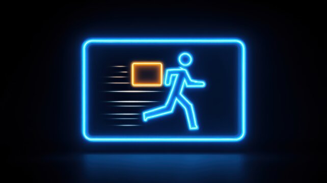 delivery courier local. Neon sign of a person running with a package, symbolizing delivery or fast service.