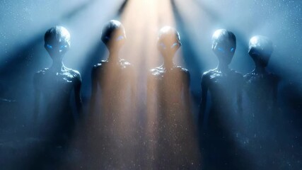 Four ethereal humanoid figures submerged underwater, bathed in a vertical beam of light from above. - Powered by Adobe