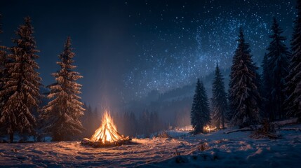 Golden glow over evergreens, quiet gathering around winter solstice fire.