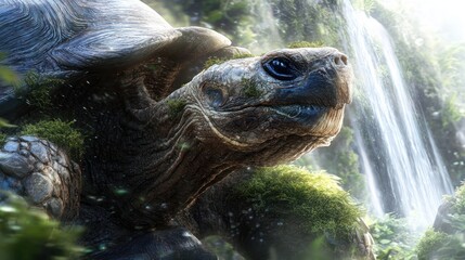 Close up of a large tortoise in a lush green environment with a waterfall backdrop