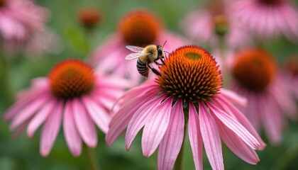 Striped bee on pink echinacea flower collecting nectar. Insect pollinator works in garden during sunny summer day. Macro view of bee with pollen on legs. Close up of small insect on vibrant blossom.