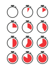 Set of icons timer in minutes. Timer and stopwatch icons. Countdown timer collection. Clock arrows. circular countdown. Vector illustration.
