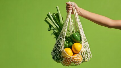 Fresh Produce in Eco-Friendly Bag: A hand gracefully holds up a reusable, eco-friendly shopping bag brimming with fresh, vibrant vegetables and fruits, promoting sustainable living and healthy eating.