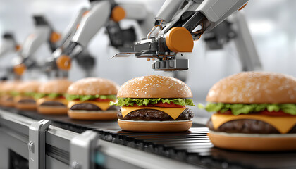 Automated robotic arm assembling fresh hamburgers on a fast food production line conveyor belt in a modern factory.