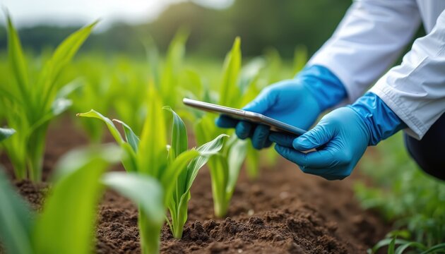 Scientist in blue gloves inspects young corn plants using smartphone. Data analysis of crop growth in farm field. Agricultural research using tech for future harvest.