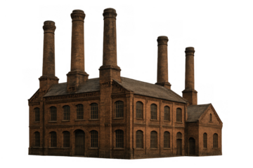 Victorian brick factory building with multiple chimneys, representing industrial revolution and architectural heritage, transparent background