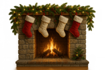 Christmas fireplace with stockings hanging over a warm fire, festive garland and lights, transparent background