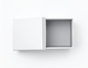Blank Small Merchandise Box Mockup Flat Lay: Lid Ajar on Pure White. High-End Retail & Small Product Packaging