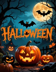 Pumpkins with carved faces brighten the night as bats fly in front of a glowing full moon. Trees and autumn leaves add to the Halloween spirit in this eerie setting Generative AI