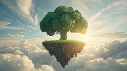 A surreal floating island with a giant broccoli tree above the clouds