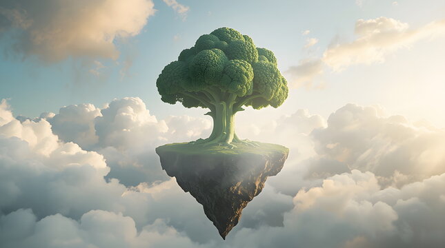 A surreal floating island with a giant broccoli tree above the clouds