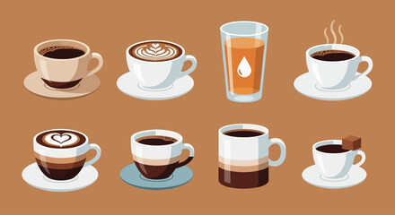 A diverse vector collection of eight popular coffee shop beverages, including espresso, lattes with art, layered drinks, and black coffee