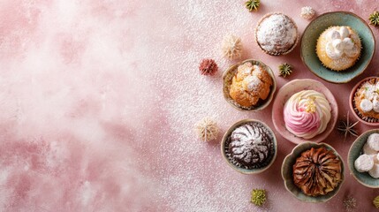 Variety of cupcakes and sweets on pink background with powdered sugar
