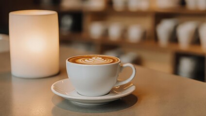 A latte with art, next to a glowing lamp on a bar with out-of-focus shelves