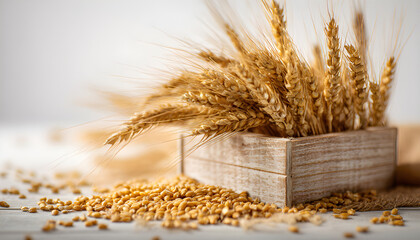 a wooden box full of fresh raw wheat. healthy food photography. close-up. product photo for restaurant.