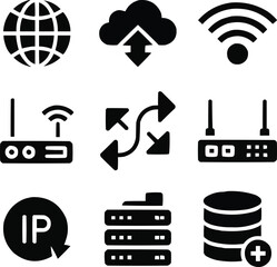 Internet and Network Solid Icons Set Online, Cloud, and Server Technology