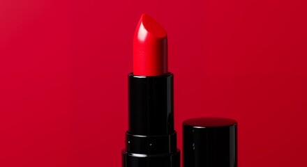 A close-up shot of a vibrant red lipstick with a black casing against a solid red background.