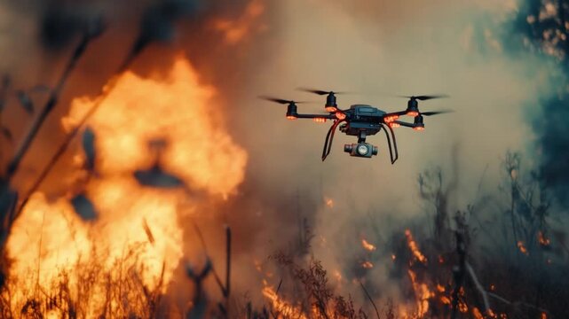 Aerial Surveillance in Inferno: A drone fearlessly navigates the fiery embrace of a wildfire, its camera capturing vital data amidst the raging flames.