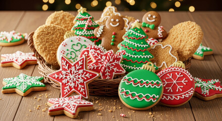 A festive assortment of decorated Christmas cookies, including gingerbread men, stars, and trees, arranged in a wicker basket on a wooden table with bokeh lights.