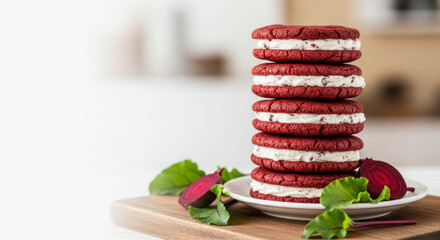 A tall stack of vibrant red velvet sandwich cookies with white cream filling and chocolate chips, garnished with beet slices and leaves on a wooden board.