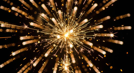 Brilliant gold sparkler bursts radiating from bright center creating starburst patterns with blurred light trails against dark background