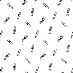 Seamless pattern with hand-drawn clothespins in doodle style. Simple black and white vector illustration for laundry, cleaning, and household themes. Perfect for fabric, wrapping paper, 