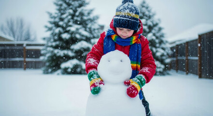A child in a bright red jacket and colorful scarf builds a small snowman in a snowy backyard. Snowflakes fall gently with evergreen trees in the background.