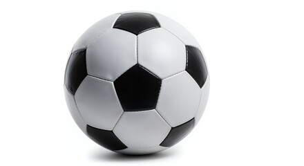 A classic black and white soccer ball with a pentagonal and hexagonal pattern, isolated on a plain white background.