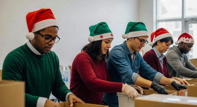 Group of volunteers wearing red and green Santa hats pack items into cardboard boxes at a table in a bright room, focused on sorting with gloves and containers visible. - Powered by Adobe