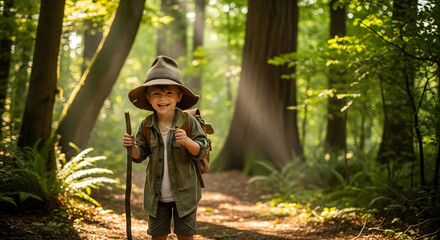 Joyful Explorer in Sunlight: A young, enthusiastic explorer in a safari hat ventures through a sunlit forest trail, embodying adventure and the simple joy of discovery. 