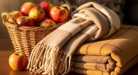 Autumn Comfort: A close-up shot features a cozy arrangement of ripe apples in a woven basket, accompanied by a soft blanket and warm blanket, creating a scene of autumn comfort.