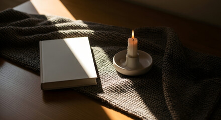 Candlelight Reading Nook: A serene, intimate scene unfolds with a soft blanket draped across a wooden table, beside a flickering candle and a hardcover book, ideal for quiet reading.