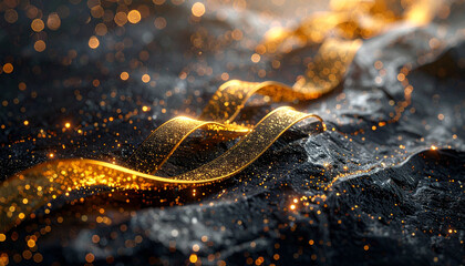Golden ribbons flowing over dark stone close-up artistic sparkling environment abstract viewpoint creative concept