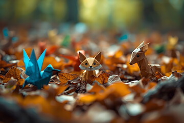 Miniature origami animals (fox, deer, bird) in an autumn leaf forest