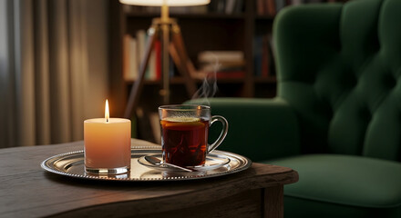 Cozy Comfort: Still life, capturing the intimate essence of a warm cup of tea beside a softly glowing candle, inviting the viewer into a space of serene relaxation and quiet reflection.