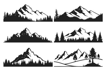 Mountain Landscape Silhouette Vector Set Isolated on White Background