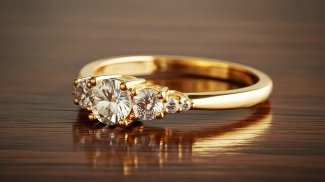Elegant gold ring with gems on a dark wooden surface, close up