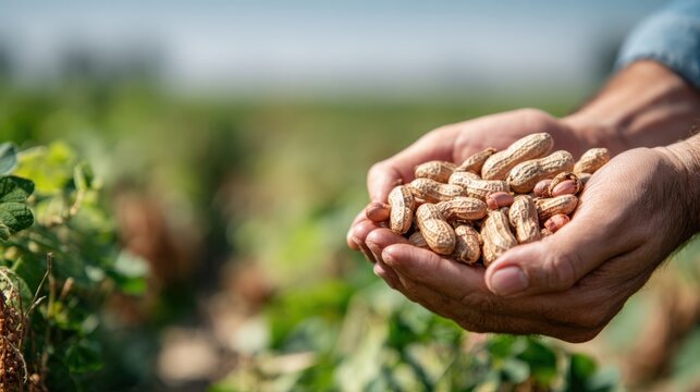 Hands holding peanuts in field.
