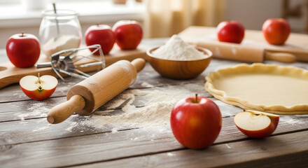 Apple Pie Preparation: A charming still-life scene captures the essence of homemade apple pie preparation, with fresh red apples, a rolling pin.