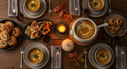 Cozy Autumn Feast: A meticulously set dining table laden with delectable autumnal dishes, illuminated by the warm glow of candlelight, a truly inviting scene