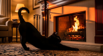 Cozy Cat by the Fireplace: Silhouette of a sleek black cat stretching in front of a warm fireplace, creating a scene of relaxation and domestic comfort.